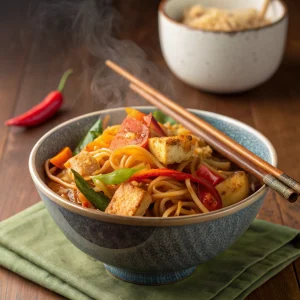 Spicy Asian stir-fry with noodles and vegetables